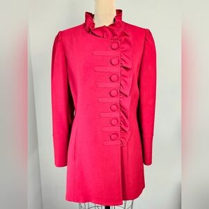 Tahari Crimson Red Ruffle Neck Military Button Coat Size 8